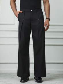 HUEFORM Men's Black Casual Pleated Slant Pocket Wide Leg Pants - Black - View 3