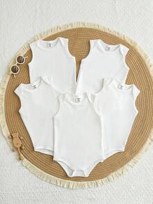 SHEIN Playful Pals 5 Pack Baby Boy Clothes Infant Toddler Boys Outfit Sets Casual Solid Ribbed Knit Sleeveless Romper Bodysuit One Piece Bathing Suit Style Basic White Top Tops Summer Clothes Essentials For Vacation Travel - White - View 9