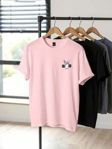 Chillumni 男士休闲简约卡通兔子印花T恤，2000年代风格 - 粉色 - 查看 4
