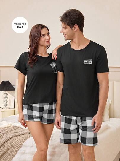 SHEIN Conjunto de pijama para hombres con parche gráfico, cuello redondo, manga corta y pantalón corto con parche