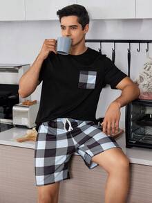 SHEIN Men's Plaid Printed Short Sleeve Top And Shorts Homewear Set - Black - View 5