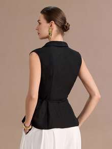 Uhlyne 女士简约亚麻V领无袖系带褶裥上衣 - 黑色 - 查看 2