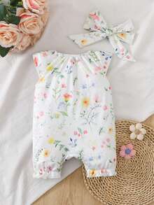 SHEIN Newborn Baby Floral Print Ruffle Casual Everyday Romper - Pink - View 4