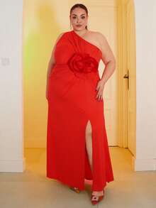 Pretty and Ole 大码女式 3D 花卉印花不对称领口连衣裙 - 紅色 - 查看 1