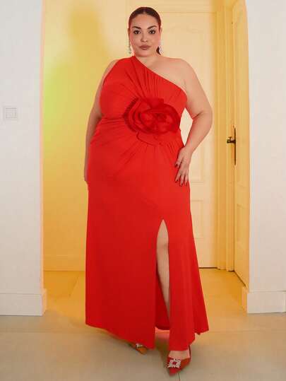 Pretty and Ole 大码女式 3D 花卉印花不对称领口连衣裙