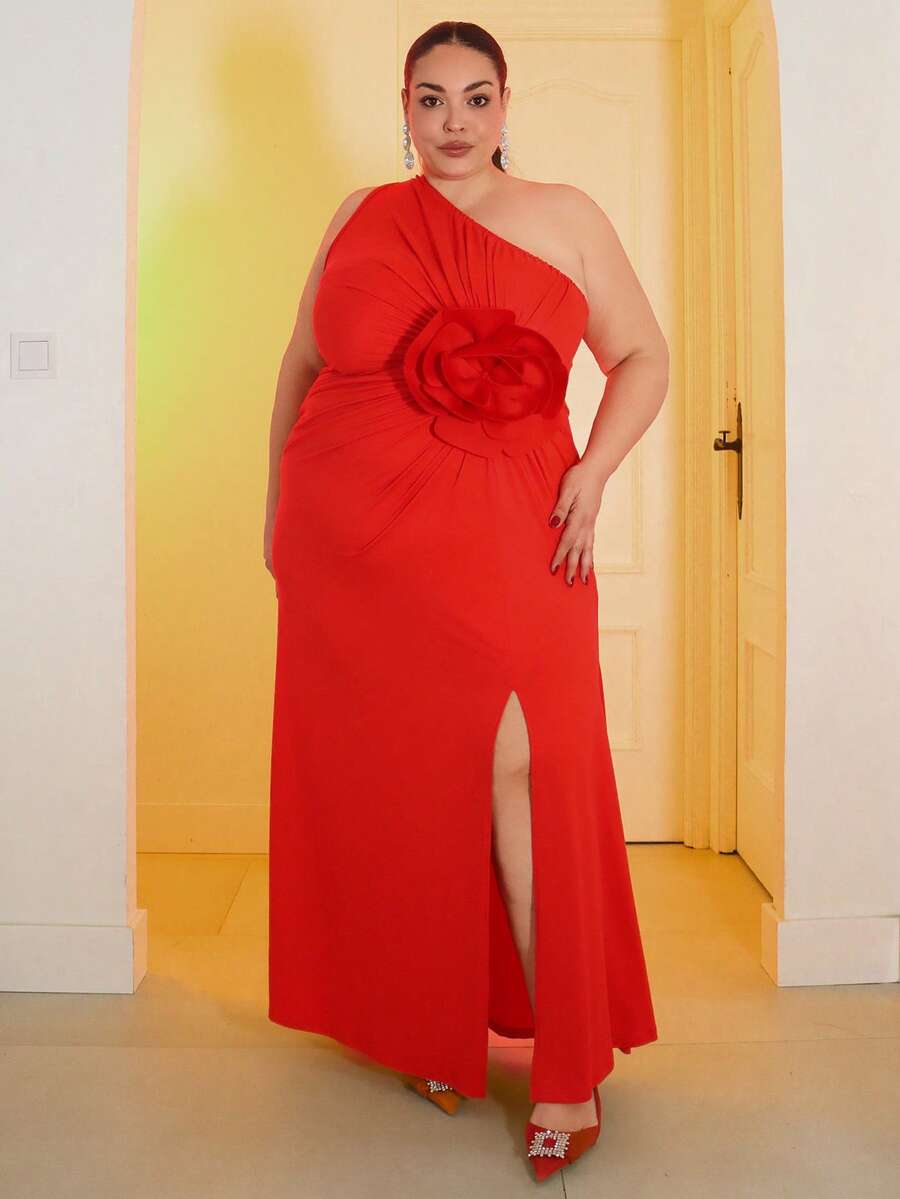 Pretty and Ole 大码女式 3D 花卉印花不对称领口连衣裙 - 紅色 - 查看 1