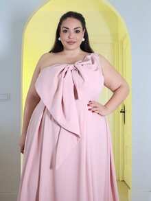 Pretty and Ole Große Größen Elegantes romantisches Partykleid mit asymmetrischer Schulter und Schleife in Taillengröße für Damen, A-Linie, geeignet für Partys, Hochzeitsgäste, Brautjungfern, Herbst/Winter - Pink - Übersicht 4