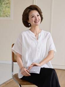 Vivie Lora Women's Solid Color V-Neck Loose Half-Placket Batwing Short Sleeve Blouse - White - View 4