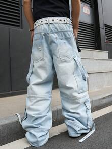 Manfinity EMRG Men's Casual Streetwear Multi-Pocket Distressed Denim Jeans - Light Wash - View 2