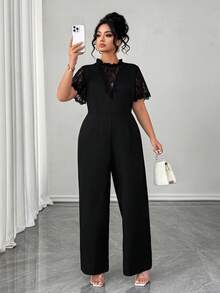 Elenzga 大码女士优雅蕾丝拼接V领短袖黑色连体裤，适合春季、情人节、新年穿着，适合曲线身材，黑色连体裤，大码女士连体裤，蕾丝连体裤 - 黑色 - 查看 1