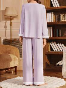 SHEIN 宫廷风刺绣滚边系带宽松长袖睡衣套装（女款） - 淡紫色 - 查看 2