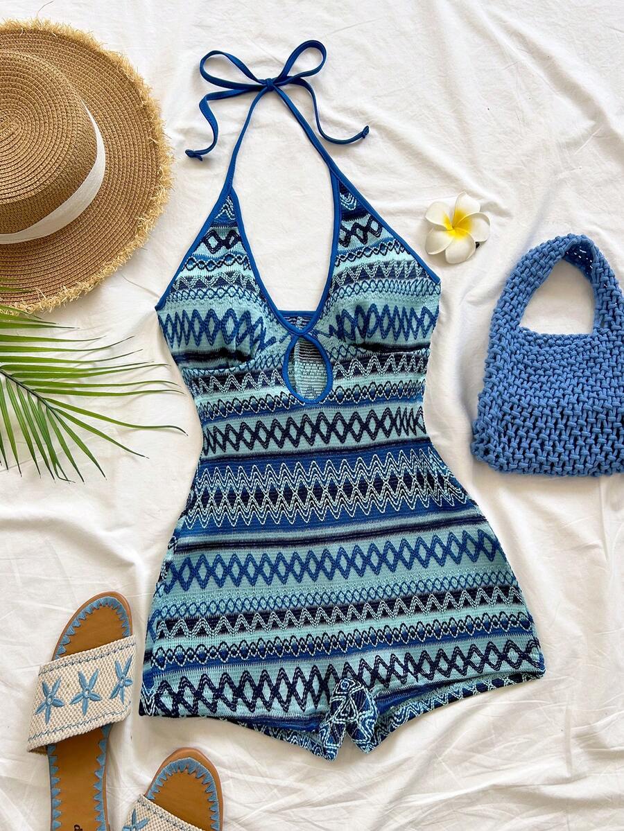 Soleia Bộ jumpsuit ngắn hở lưng, cổ yếm, nhiều màu sắc, dệt kim kẻ sọc, thích hợp cho mùa thu/đông, Halloween, Tết Nguyên đán, lễ hội hóa trang, tiệc tùng, hẹn hò, trà chiều, đi biển, có thể mặc ngoài hoặc mặc trong. - Màu xanh lam - Xem 1