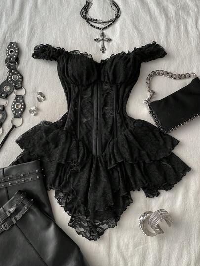 Women's Casual Vintage Corset Lace Bodycon Asymmetrical Hem Mini Dress, Suitable For Y2K,Elegant For Party & Casual,Party Dresses For Women,Summer Dress,Party Dresses For Women,Wedding Party Dress ,Music Festival Outfits ,Summer Dress