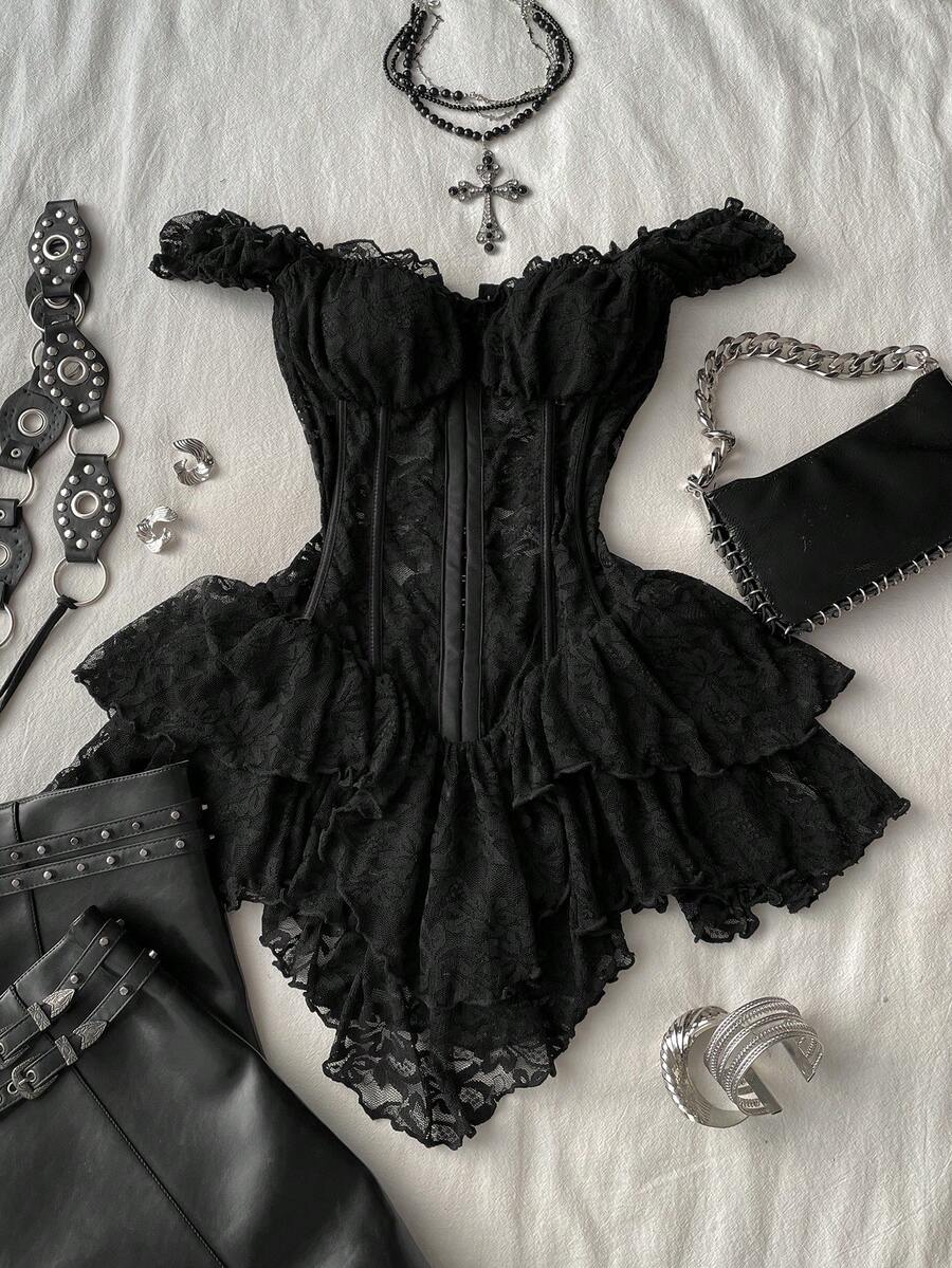 Attitoon 女士休闲复古束身蕾丝紧身不对称下摆迷你连衣裙，适合Y2K风格 - 黑色 - 查看 1