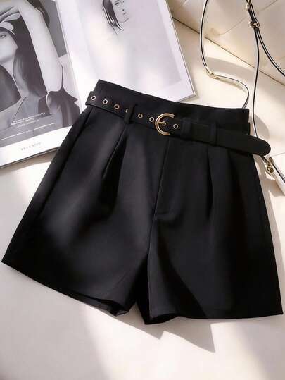 INAWLY 女士纯色褶皱休闲百搭通勤短裤