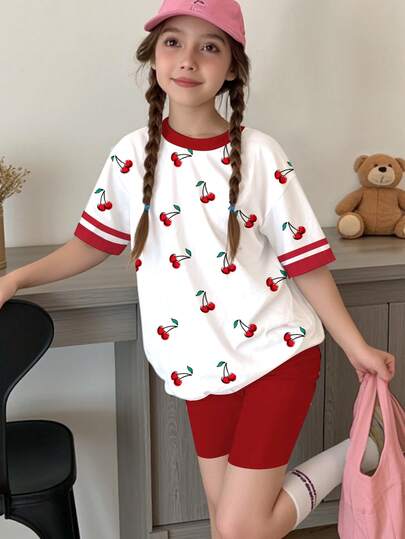 2pcs/Set, Tween Girl Casual Minimalist Retro American Style Polka Dot & Cherry Print, Red & White Contrast, Collegiate Vibe, Vacation Style, Short Sleeve T-Shirt And Shorts Set, Suitable For Summer, Matching Sisters, Suitable For Holidays, Parties And Daily Wear