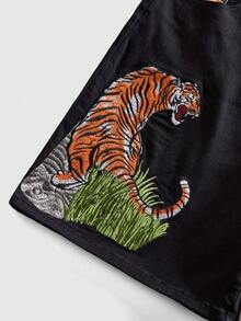 ROMWE MEN Street Life Men's Tiger Embroidery Pocket Loose Casual Denim Shorts - Black - View 3