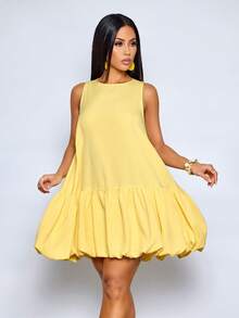 SOLERSUN Women's Elegant Scoop Neck Chic Ruffled Hem Summer Party Outfit Puffball Mini Dress - Yellow - View 8