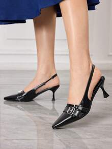 Sleekvia Women's Black Pointed Toe Front Button Gold Square Hollow Asymmetric Heel Pumps, Commuting & Casual Street Style - Black - View 3