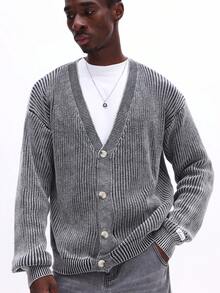 SUMWON Cárdigan de punto acanalado con botones, de manga larga y cuello en V, suéter casual de invierno para usar por capas - Azul Marino - Ver 1