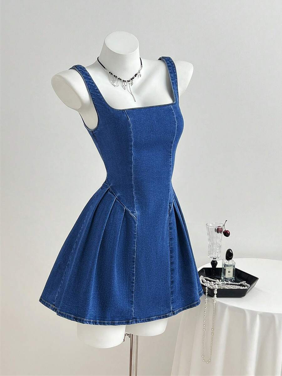 Elamini 时尚休闲修身A字牛仔连衣裙 - 中等水洗藍 - 查看 1