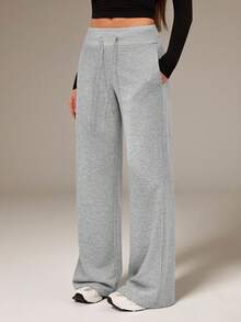 SHEIN Tall Comfortable And Casual Plain Knitted Low-Rise Wide-Leg Women's Sweatpants - Grey - View 5