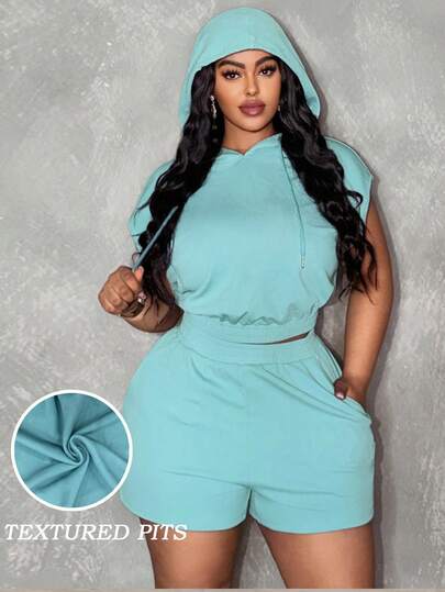 Slaydiva Spring/Summer New Casual & Streetwear & Daily Wear & Home & Music Festival & Casual & Student Loose Sleeveless Drawstring Hoodie And Fitted Pocket Shorts Set, Knit Texture Fabric, Plus Size Women 2-Piece Set - A