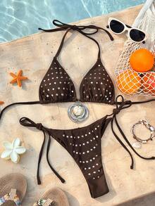 SHEIN Swim Vcay Women's Rhinestone Embellished Bikini Swimwear, Sexy Halter Strap Swimwear For Beach Vacation, Spring/Summer - Brown - View 2