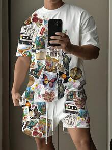 Manfinity Men's Casual Floral & Butterfly Print Round Neck Short Sleeve T-Shirt And Shorts Set, Summer - Multicolor - View 1