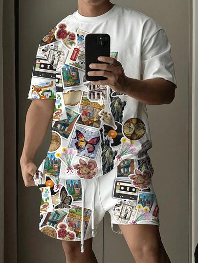 Manfinity Conjunto de camiseta de manga corta de cuello redondo y pantalones cortos con estampado floral y de mariposas casual para hombre, verano