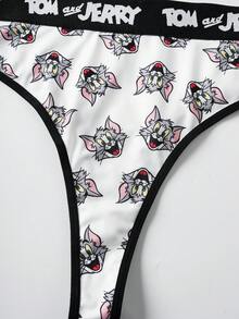 TOM & JERRY X SHEIN Quần lót nữ cỡ lớn, cạp chun in chữ và họa tiết hoạt hình, kiểu dáng thường ngày. - Đen và trắng - Xem 5