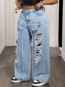 Breezaya Damen Große Größen High Waist Jeans mit Taschen, weites Bein, locker, lässig - Blau - Übersicht 3