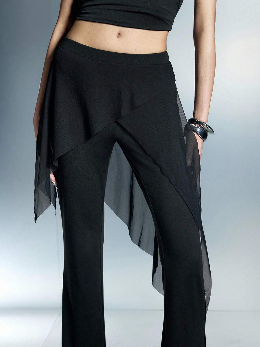 Airlisse 女士不对称网眼拼接喇叭裤，春夏款 - 黑色 - 查看 1