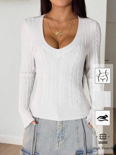 SHEIN PETITE 女士秋冬复古学院风 Y2K 日常穿搭外出文艺复兴集市夜店装扮白色 V 领毛衣