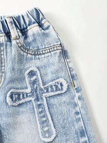 Girls' Loose Fit Jeans,Blue Summer Back-To-School,Lightweight Washed Denim,Cross Patch Design,Comfortable Cotton Casual Outdoor Versatile Denim Pants - Medium Wash - View 4