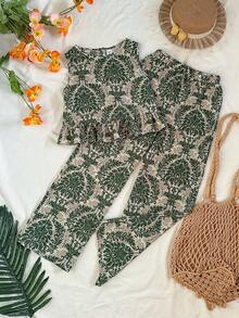 Travachic KIDS 少女休闲度假绿色碎花无袖上衣和松紧腰裤套装，夏季 - 軍綠色 - 查看 3