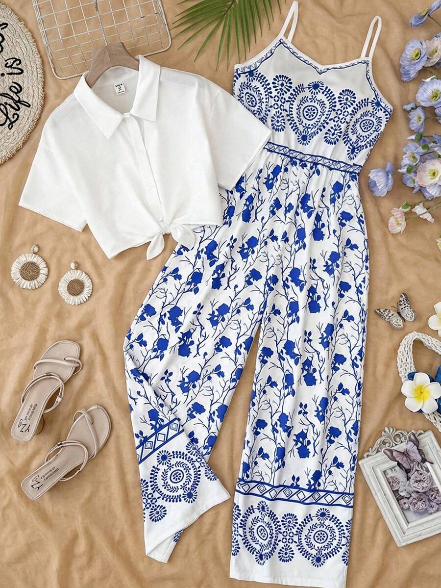 SHEIN Set da 2 pezzi per ragazze adolescenti, composto da una camicia bianca basic con nodo davanti e un tuta con scollo a V e stampa tropicale floreale, adatto per primavera/estate, casual, vacanze, spiaggia, pranzi fuori, campagna - Blu e Bianco - Visualizzare 1