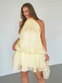 Auralis 大码优雅纯色腰部系带露背吊带连衣裙，夏季 - 杏色 - 查看 6