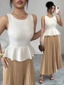 Elenzga Conjunto de 2 peças com Top de Gola Redonda, Cintura Marcada, Bainha com Babado + Saia Plissada de Cintura Elástica Longa, Cor Marrom Contrastante, Estilo Refinado, Fashion, Elegante - Ideal para Passeio de Verão, Encontro, Ano Novo, Dia dos Namorados, Páscoa, Dia das Mães, Festival de Música, Estilo do Oriente Médio, Casamento - Marrom Claro - Visão 1