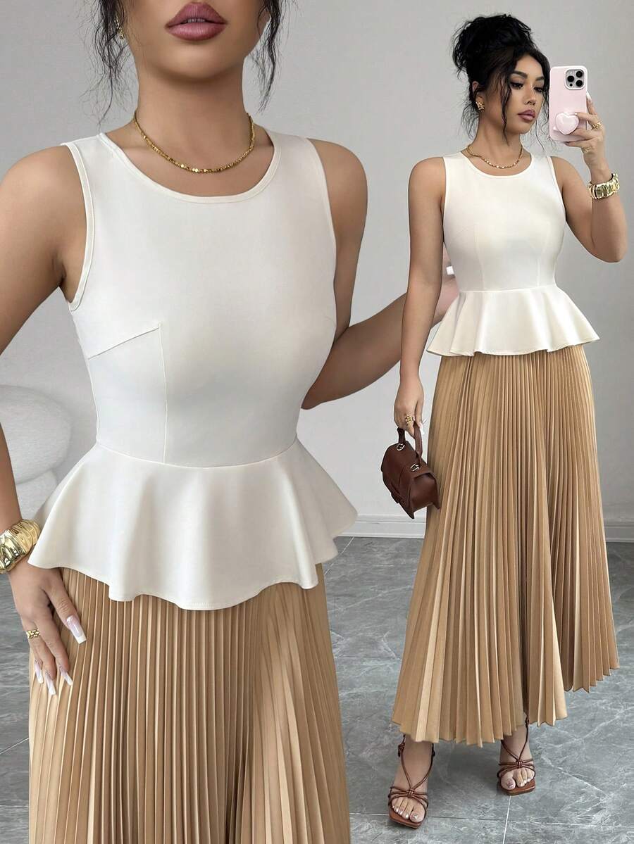 Elenzga Conjunto de 2 peças com Top de Gola Redonda, Cintura Marcada, Bainha com Babado + Saia Plissada de Cintura Elástica Longa, Cor Marrom Contrastante, Estilo Refinado, Fashion, Elegante - Ideal para Passeio de Verão, Encontro, Ano Novo, Dia dos Namorados, Páscoa, Dia das Mães, Festival de Música, Estilo do Oriente Médio, Casamento - Marrom Claro - Visão 1