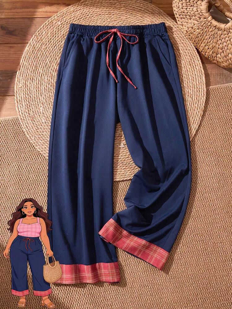 Plus Size Women Casual Everyday Commute Vacation Style Patchwork Plaid Print Drawstring Waist Loose Wide Leg Pants, Summer Spring Spring Women Spring Country Style For Women Beach Pants For Women