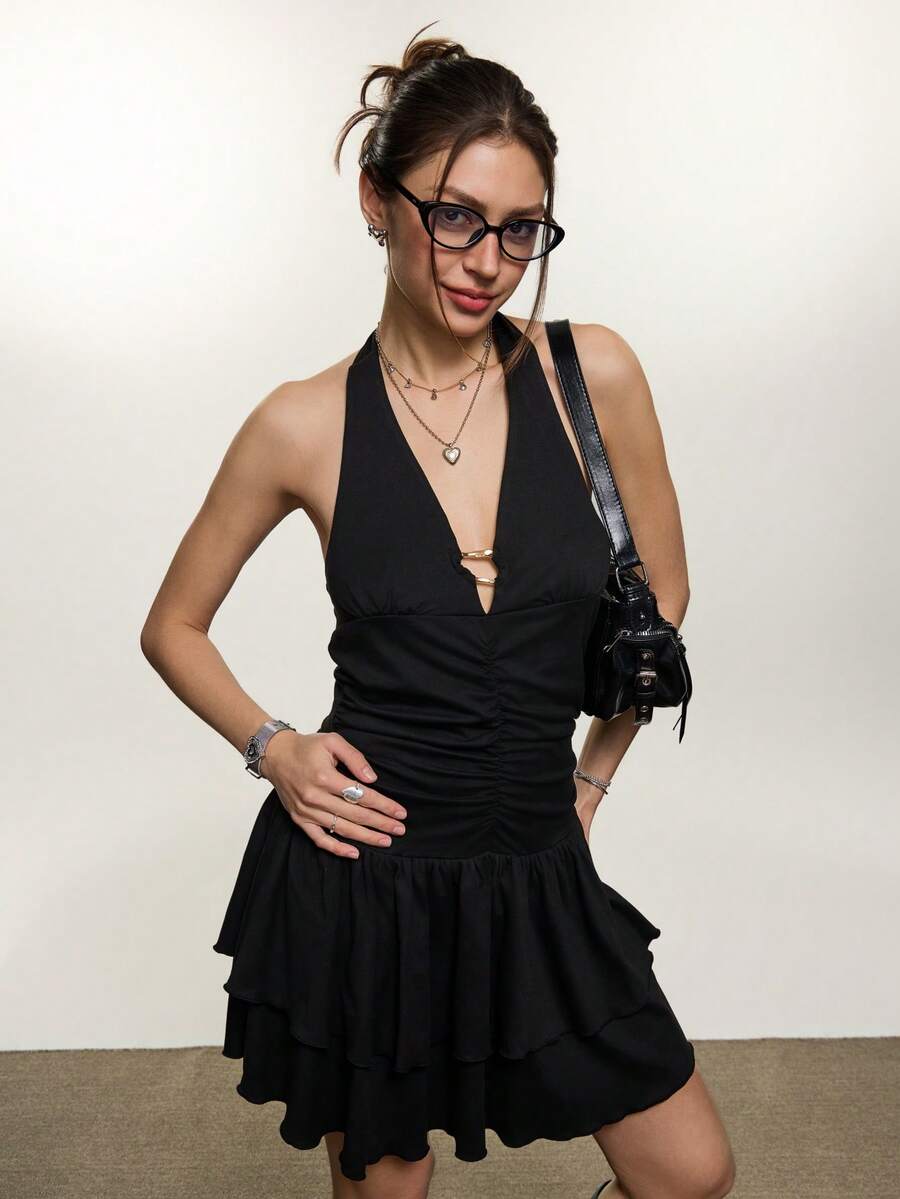 INAWLY Women's Summer Sexy Vacation Style Minimalist Solid Color Ruched Waist Multi-Tier Hem Tie Neck Mini Dress - Black - View 1