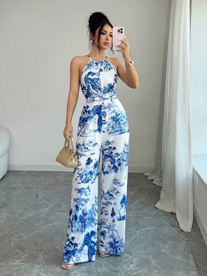 Elenzga Women's Vacation Floral Print Wide Leg Halter Jumpsuit