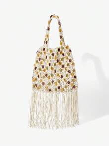 Maija 女士单肩包、流浪包、钩针编织包，饰有流苏和串珠，时尚、优雅、简约、个性化、百搭，适合海滩、度假、假日、夏季、海边、沙滩派对等场合 - 米白色 - 查看 1