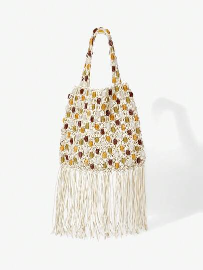 Maija Ladies, Women Shoulder Bag, Hobo Bag, Crochet Bag, Tassels, Beads, Fashionable, Elegant, Simple, Personalized, Versatile, For Beach, Vacation, Holiday, Summer, Seaside, Beach Party