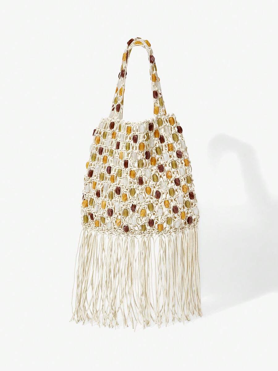 Maija 女士单肩包、流浪包、钩针编织包，饰有流苏和串珠，时尚、优雅、简约、个性化、百搭，适合海滩、度假、假日、夏季、海边、沙滩派对等场合 - 米白色 - 查看 1