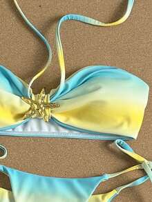 Bonvoyette 3pcs Women's Swimwear Bikini Summer Ombre Print, Vacation Bikinis, Tropical Ocean Print, Bra Built-In Crop Top Bandeau Vest Camisole Swimwear For Vacation , Beach Outfits, Garden Wedding Guest Dress, Elegant Set For Woman Velentines Newyear Party Vacation Outfit City To Beach Bohemia SS26 Spring And Summer Beachwear Women Vacation Outfit Sets Beach Outfits For Woman Women Swim Suit Set Women S Beach Outfits - Multicolor - View 6