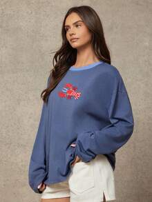 WESTFADE Lobster Embroidered Contrast Crewneck Long Flare Sleeve Oversized T-Shirt - Navy Blue - View 3