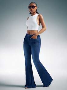 Denimoi 高弹针织牛仔喇叭裤 性感牛仔裤 修身牛仔裤 - 深色水洗藍 - 查看 3