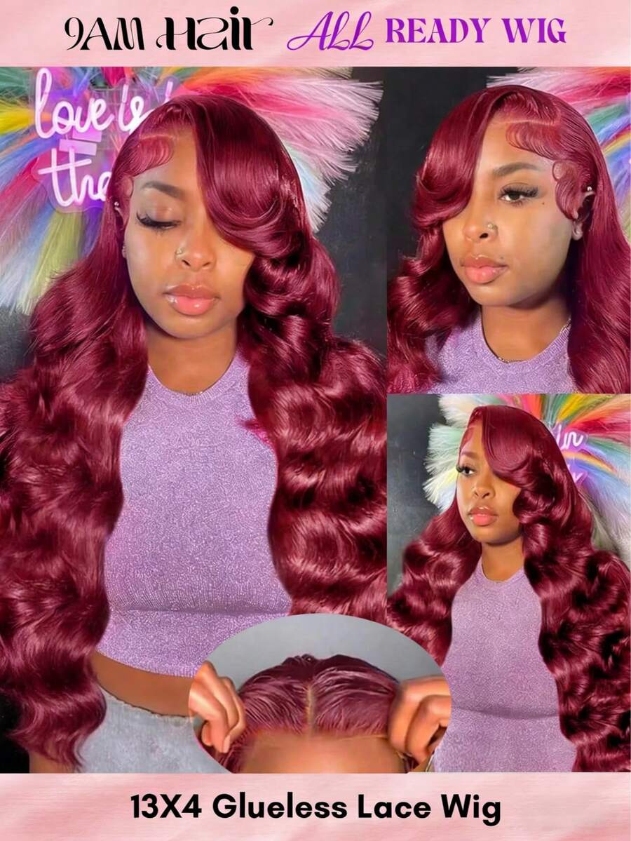 ALL READY WIG 26 英寸无胶 99J 勃艮第红色蕾丝前部 180% 密度假发人发 13x4 透明波浪蕾丝前部假发人发预拔 99j 勃艮第红酒无胶人发假发女士 - S99J - 查看 1